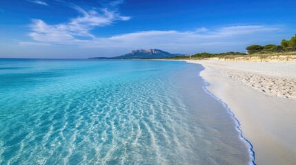 A serene beach scene with crystal clear turquoise water lapping at the shore of a pristine white sand beach.