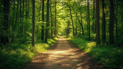 Wall Mural - A path through a lush green forest on a sunny day.