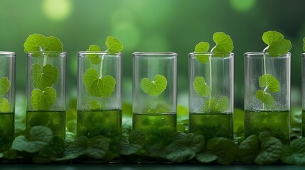 Poster - Green Background Centella asiatica for Biological experiment presentation Centella asiatica leaves green water in biological test tubes Production of cosmetics based on Centella asiati : Generative AI