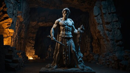 Wall Mural - A statue of Orpheus standing at the entrance of the underworld, holding a lyre, with a shadowy cave as the backdrop.