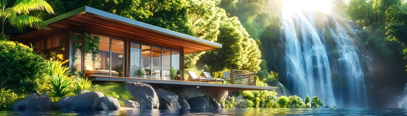 Poster - Modern Cabin by Waterfall.