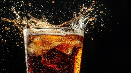 Wall Mural - Close up of a glass of cola with ice and bubbles exploding on a black background.