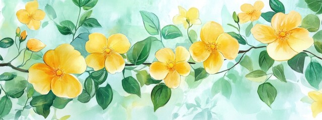 Sticker - Yellow flowers and green leaves in a watercolor background