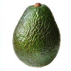 A whole, ripe avocado with a green, bumpy skin, isolated on a white background.