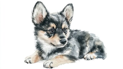 Wall Mural - Watercolor portrait of a Swedish Vallhund puppy illustrated on a transparent white background