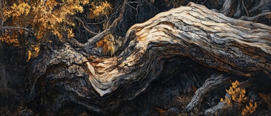 Oil painting showcasing the texture of wood and an ancient tree highlighting natural wood patterns and the character of aged foliage