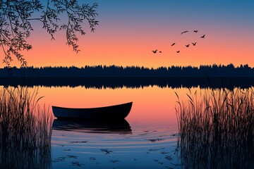 Canvas Print - A Single Rowboat on a Still Lake at Sunset