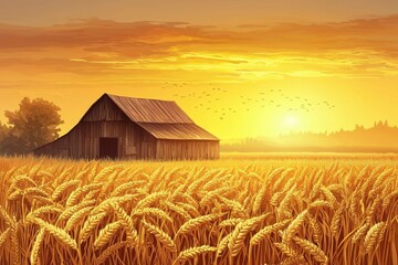 Wall Mural - Golden Wheat Field with a Barn at Sunset