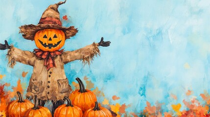 Rustic scarecrow with a pumpkin head surrounded by pumpkins and autumn leaves.