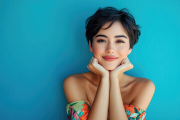 Poster - Portrait of a beautiful woman with short hair, smiling and posing in front of a cyan background, wearing a colorful dress