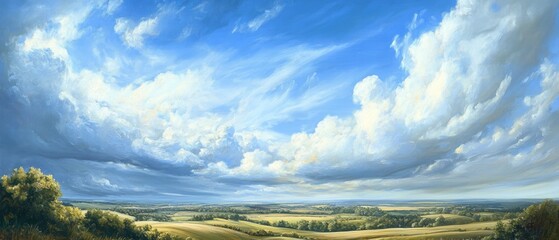 Oil painting depicting a scenic sky view over a rural landscape showcasing the beauty of the countryside