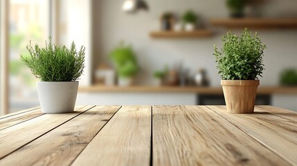 Poster - kitchen table background wood counter top on blur of white clean abstract home interior with bokeh  used for display or montage your wooden for dining background tabl banner podium : Generative AI