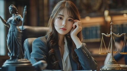 Aufkleber - Female lawyer works in office or court checks clients contracts Calling by phone Asian successful business lady statuette of Themis goddess of justice legal advice online : Generative AI