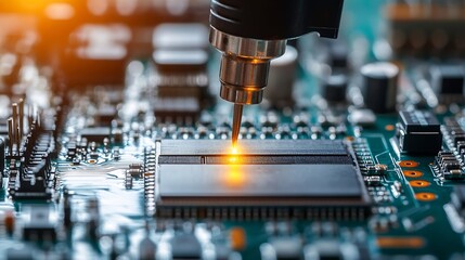 Aufkleber - Component Installation and Quality Control of Circuit Board Fully Automated PCB Assembly Line Equipped with High Precision Robot Arms at Electronics Factory Electronic Devices Manufact : Generative AI