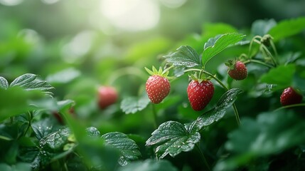 Poster - Wild strawberry bushes with berries growing on farm ootty Tamilnadu : Generative AI