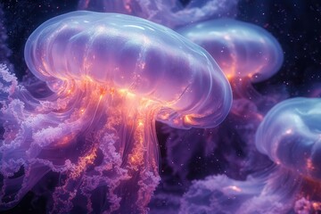 Wall Mural - ethereal jellyfishlike beings floating through a bioluminescent alien ocean their translucent bodies pulsing with mesmerizing purple light creating a dreamlike underwater scene
