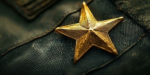 A gold star on a dark textured fabric.