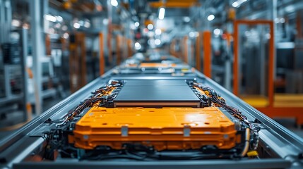 Poster - Generic EV Battery Pack on Electric Car Production Line inside Modern Factory High Capacity Battery for Automotive Industry Lithiumion Highvoltage Battery for Electric Vehicle or Hybri : Generative AI