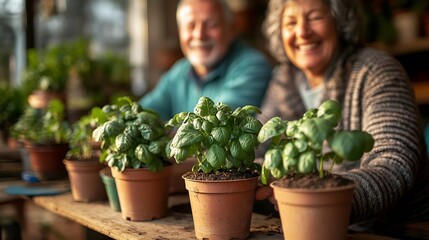 Waist up portrait of two smiling senior people enjoying gardening hobby together and repotting plants indoors copy space : Generative AI