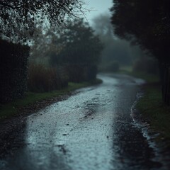 Sticker - A winding road through a misty forest, with fallen leaves and puddles on the asphalt.