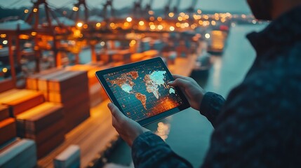 Aufkleber - Businessman touching tablet for analyze stock at logistics port and world map with Delivery network distribution on background transportation trading business concept : Generative AI