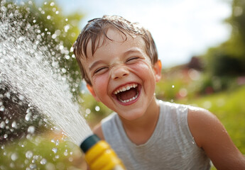 Canvas Print - a boy laughing while spraying water from the garden hose on a sunny day. 