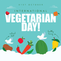 World Vegetarian Day. 1st October Vegetarian day celebration banner, post with fruits and vegetables icons. The day promote the health benefits of vegetarian lifestyle, promoting vegan diet for health