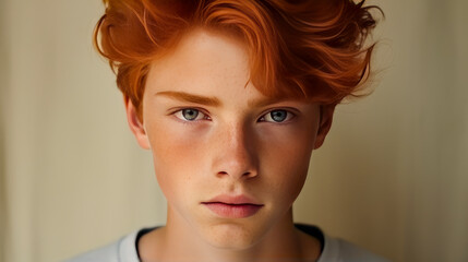 Wall Mural - Portrait of a happy serious red-haired confident teenage guy with perfect skin, creamy beige background, banner.