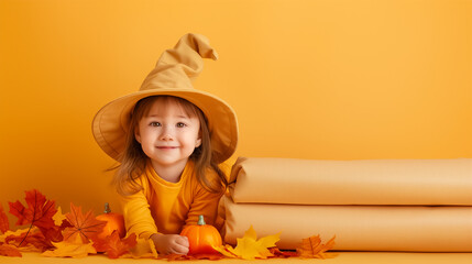 Wall Mural - A young child wearing a playful yellow hat enjoys Halloween festivities, smiling while surrounded by autumn leaves and small pumpkins on a bright yellow backdrop