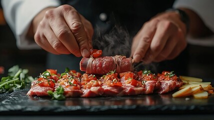 Unrecognizable chef garnishing delectable pig trotter with fresh sliced vegetables at table against black background : Generative AI