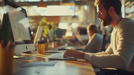 Man working and desk with coworkers on computer in office digital design for online research for business website Colleague career and employees for creative company typing or browse o : Generative AI