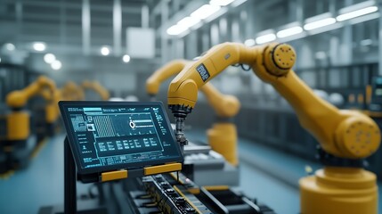 Leinwandbilder - Computer and digital tablet for control of robots in a smart factory Smart industry 40 concept : Generative AI