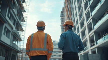 Sticker - Civil engineer with personal safety equipment checking and consult with construction site foreman technician for inspect building construct process during follow up process Engineering : Generative AI