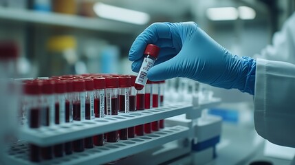 Fototapete - Technician holding blood tube test in the research laboratory  doctor hand taking a blood sample tube from a rack : Generative AI