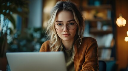 Leinwandbilder - Portrait of Young Successful Caucasian Businesswoman Sitting at Desk Working on Laptop : Generative AI