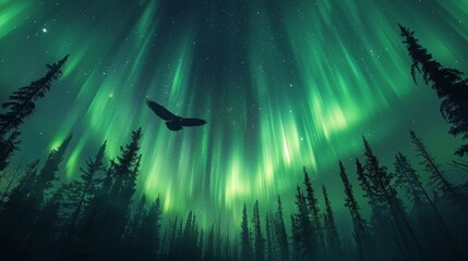Wall Mural - green northern lights in starry sky