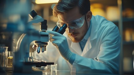 Aufkleber - Young scientist looking through a microscope in a modern laboratory Medical science looking at sample on the glass plate Research and development concept Work with high technology : Generative AI