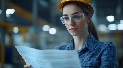 Fototapete - Female engineer reading technical documentation with project manager in modern industrial factory talking about new production project investment Team management in manufacturing facil : Generative AI