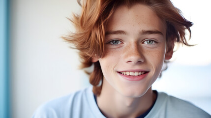 Portrait of a happy smiling red-haired, long haired confident teenage guy with perfect skin, blue background, banner.