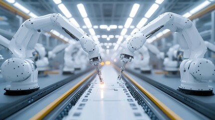 Aufkleber - Row of White Robotic Arms at Automated Production Line at Factory Electric Car Manufacturing Line Inside Automotive Smart Factory Industrial Robot Arms Assemble LithiumIon EV Battery P : Generative AI