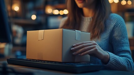 Poster - Portrait of a businesswoman holding a box and typing something on a keyboard while preparing package information Postal service and small business concept : Generative AI