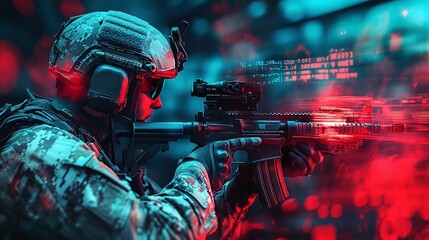 A soldier in futuristic combat gear stands ready, with a virtual interface and digital data streams illuminating his environment, capturing the essence of high-tech warfare