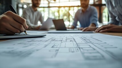 Poster - Hands business people and blueprint for architect design idea and floor plan in meeting Office document and laptop with collaboration teamwork and paper for engineering and writing for : Generative AI
