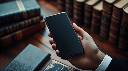 Leinwandbilder - Judge hands phone and person reading attorney communication advertising space or contact law firm consultant Lawyer cellphone mockup and top view advocate work on legal contract or pol : Generative AI