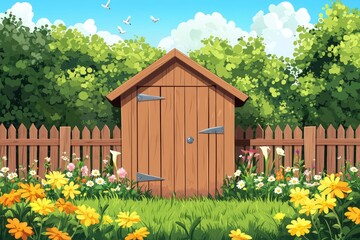 Poster - Wooden Shed in a Summer Garden with a Fence