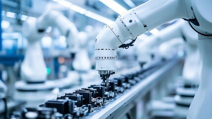 Poster - Row of White Robotic Arms at Automated Production Line at Bright Modern Factory Industrial Robot Arms Assemble LithiumIon EV Battery Pack  Electric Car Manufacturing Inside Automotive  : Generative AI