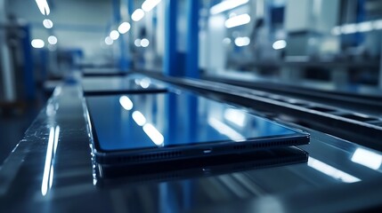 Fototapete - automatic mobile screen protector film or glass cover in manufacture phone factory : Generative AI