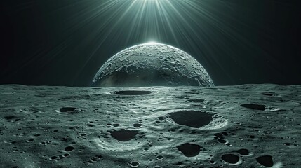 Lunar Landscape with Sun Rays and Cratered Surface