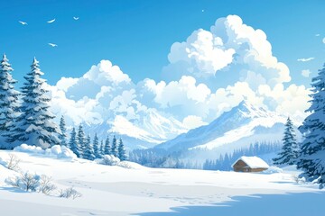 Sticker - A Cabin Nestled in a Snowy Mountain Landscape