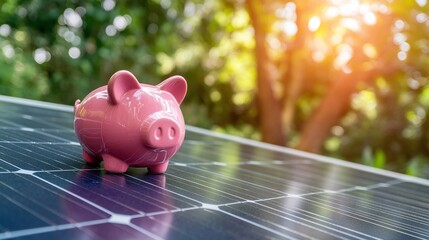 Saving money with solar energy. A piggy bank money box on a solar panel